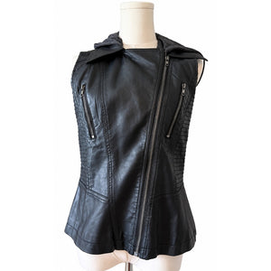 Hem & Thread Black Vegan Leather Moto Detachable Hood Biker Boho Vest Medium NWOT