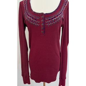 Free People Fair Isle Embroidered Burgundy Waffle Knit Henley Thermal Top