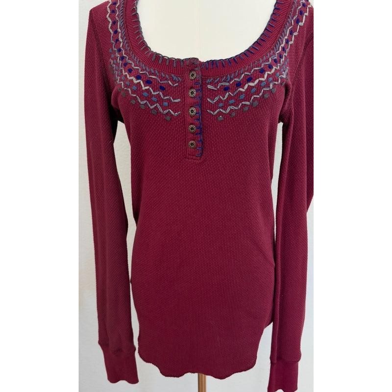 Free People Fair Isle Embroidered Burgundy Waffle Knit Henley Thermal Top