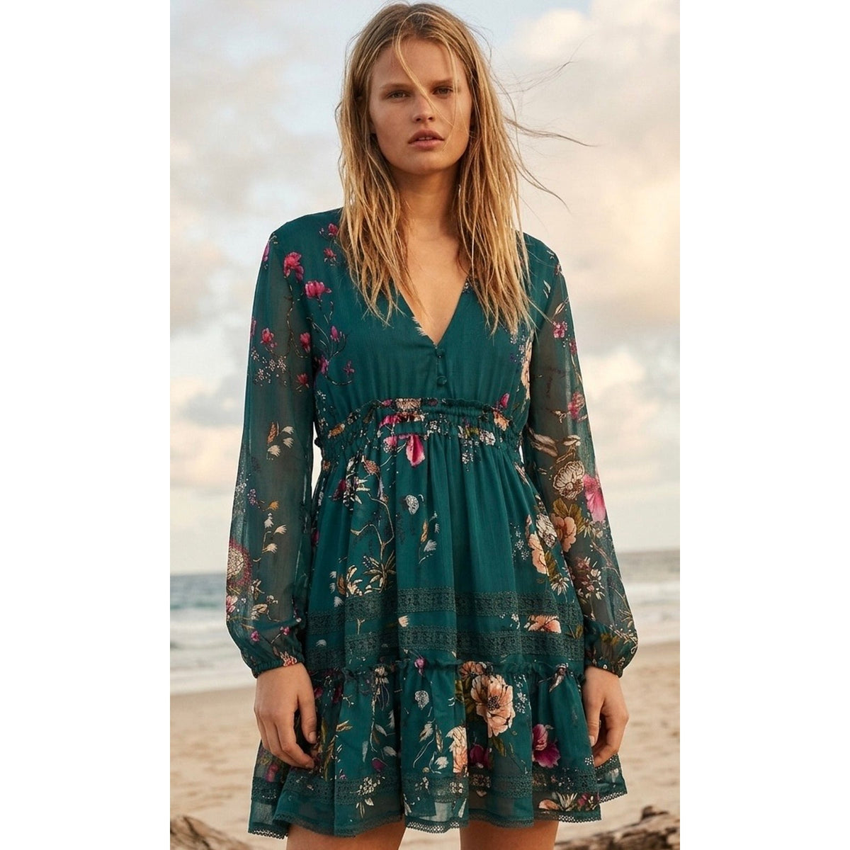 Free People Medium Cherry Blossom Mini Dress Emerald Green