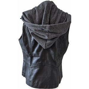 Hem & Thread Black Vegan Leather Moto Detachable Hood Biker Boho Vest Medium NWOT