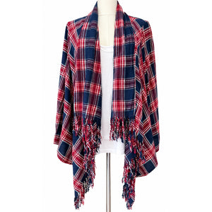 KORI America Red Navy Plaid Fringe Open Front Cardigan Jacket Boho Medium