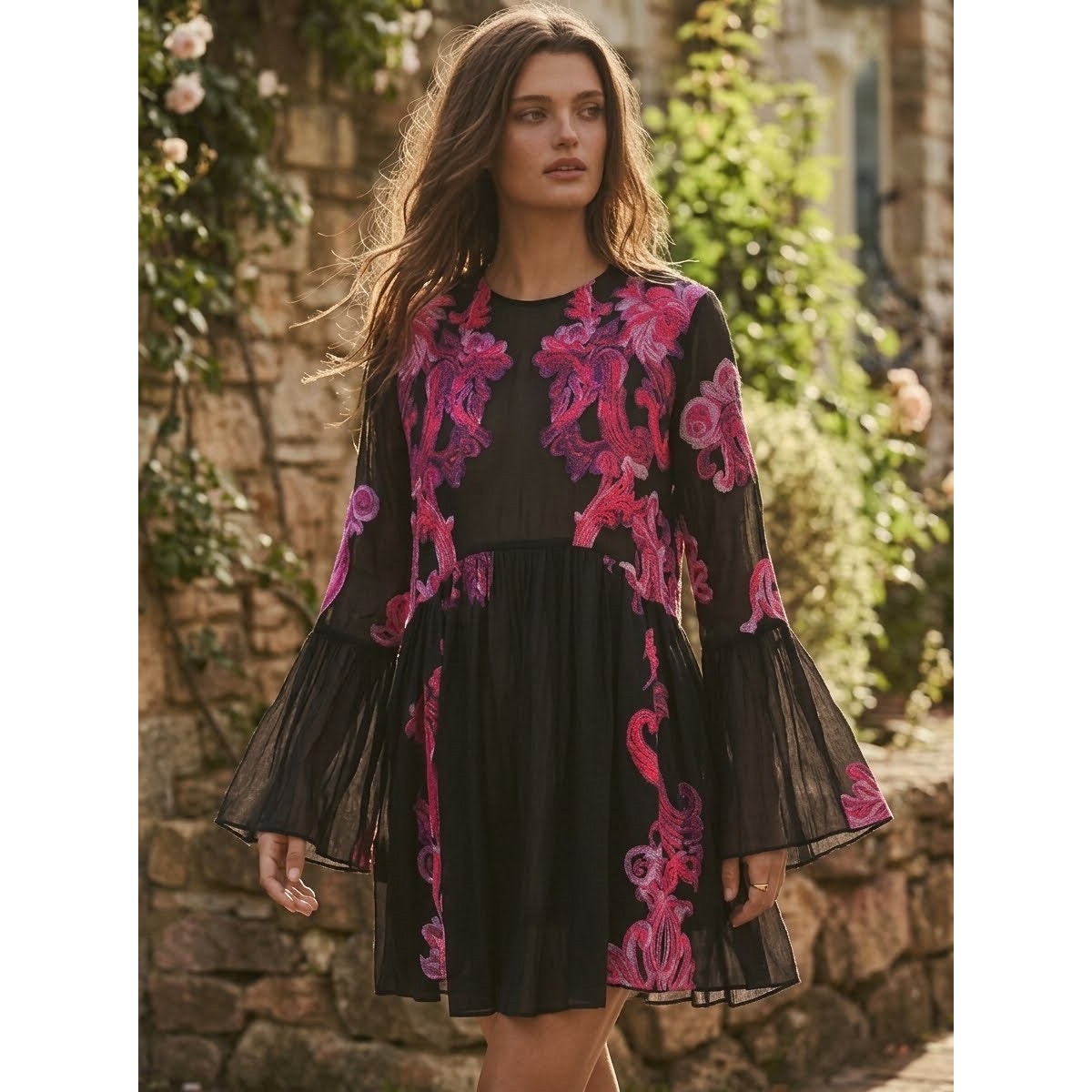 Free People Medium Symphony Embroidered Slip Dress Black Pink Mini Sheer Shift