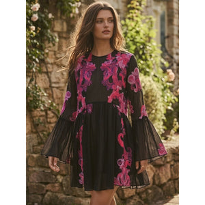 Free People Medium Symphony Embroidered Slip Dress Black Pink Mini Sheer Shift