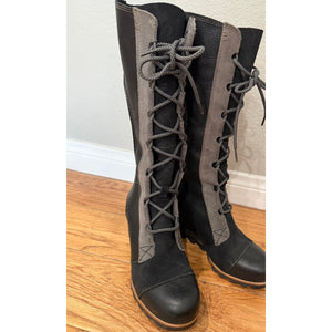 Sorel Cate The Great Black/Grey Suede Leather Lace Up Wedge Boot 8 NWT