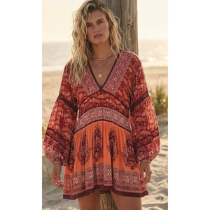 Free People Small Luna Scarf Print Tunic Shirt or Dress Red Combo NWT