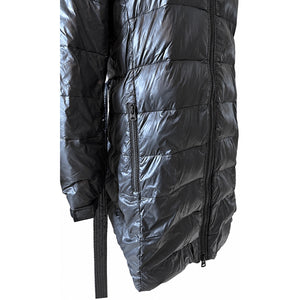 American Eagle Black Down Belted Puffer Coat Sherpa Hood Women’s Large