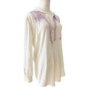Free People Ivory Purple Small Embroidered Hooded Tunic Top Boho NWOT