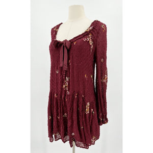 Free People Small Garden Glory Mini Dress in Cabernet Embroidered Boho Smocked Long Sleeve