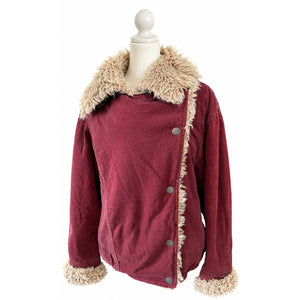 Free People Large Owen Sherpa Denim Jacket in Wine Red Burgundy