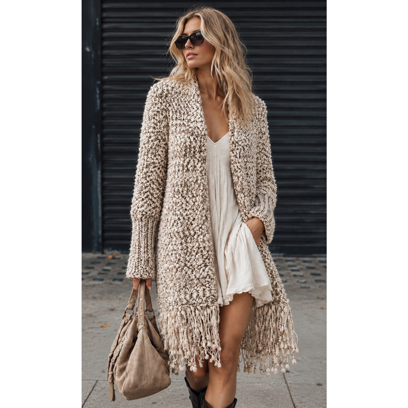 Umgee USA M/L Marled Chunky Knit Fringe Open Front Boho Cardigan Sweater NWT