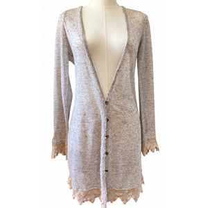 Free People Vintage Oatmeal Lace Trim Boho Long Cardigan Dress Medium