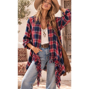 KORI America Red Navy Plaid Fringe Open Front Cardigan Jacket Boho Medium