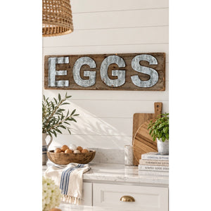 Vintage Galvanized Metal “EGGS” Rustic Wood Farmhouse Kitchen Wall Sign NWOT