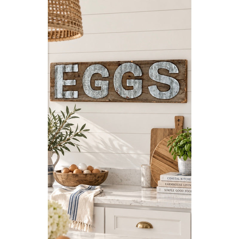 Vintage Galvanized Metal “EGGS” Rustic Wood Farmhouse Kitchen Wall Sign NWOT