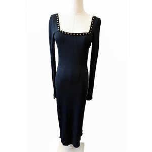 Free People Medium Simone Studded Ribbed Knit Midi Dress Black NWT