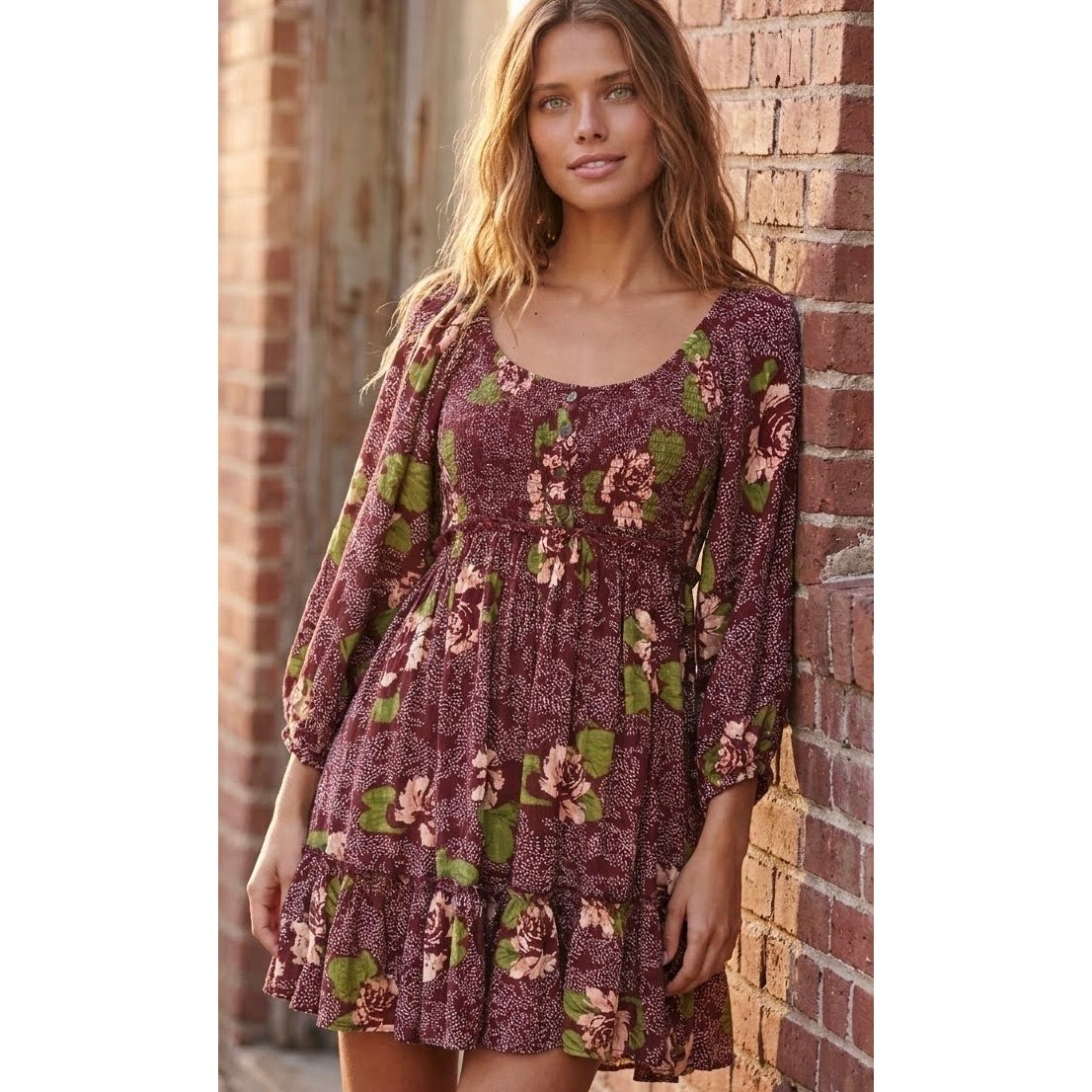Free People Medium Summer Picnic Printed Mini Dress in Raisin