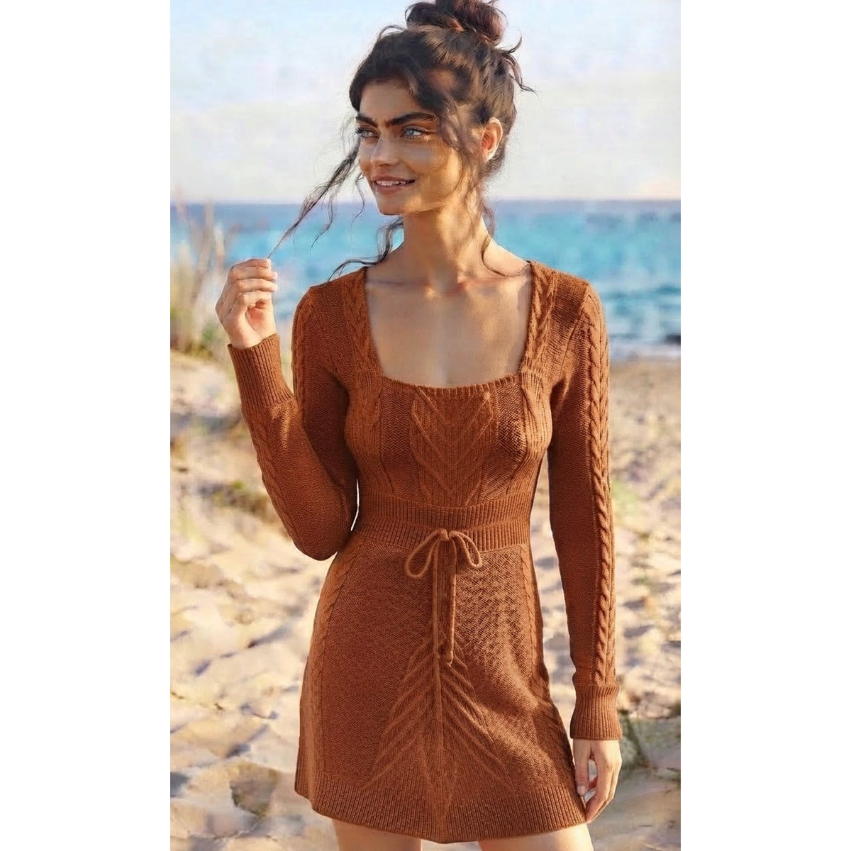 Free People Medium Emmaline Cable Knit Mini Sweater Dress Cinnamon