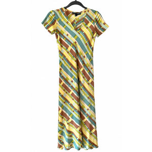 Rare Vintage Betsey Johnson 100% Silk Bias Cut Maxi Dress Geometric Print Size Petite Like New