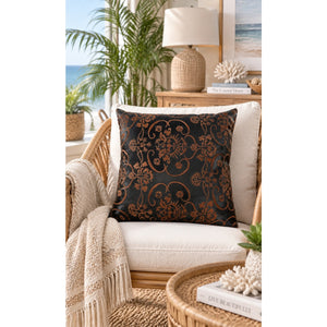 Espresso Brown Embroidered Faux Leather Boho Floral Paisley Stitching Decorative Throw Pillow