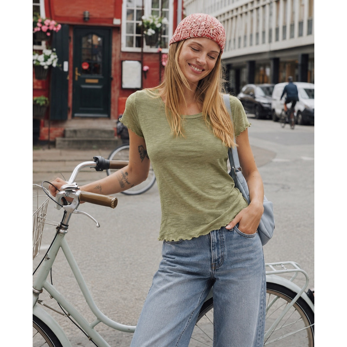 Free People We The Free Be My Baby Tee Palm Green Lettuce Edge 100% Cotton Large Like New