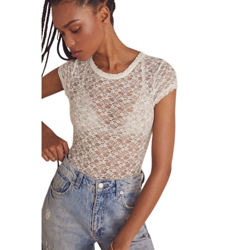 Free People Intimately Ivory Pucker Up Lace Cap Sleeve Bodysuit X-Large NWT