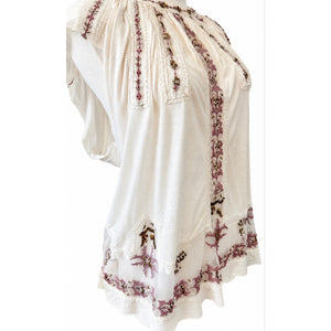 Free People Large Sequin Drawstring Embroidered Mesh Boho Blouse Top - Ivory / Pink Multi