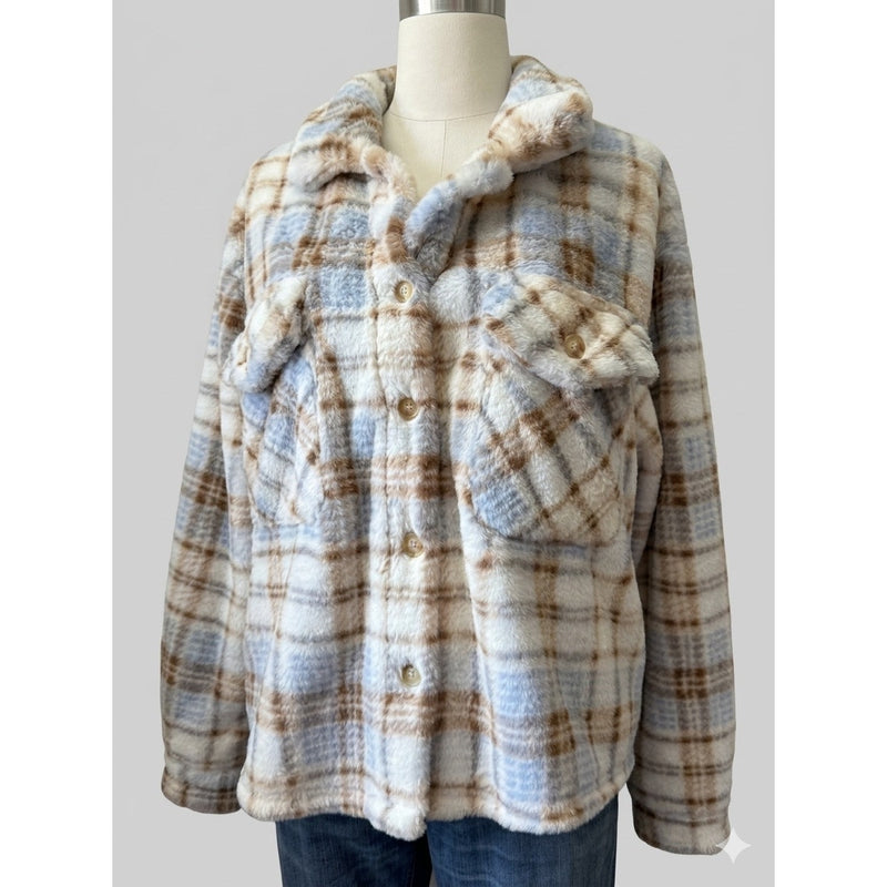 Cozy Cottagecore Blue Plaid Teddy Faux-Fur Jacket Size Large