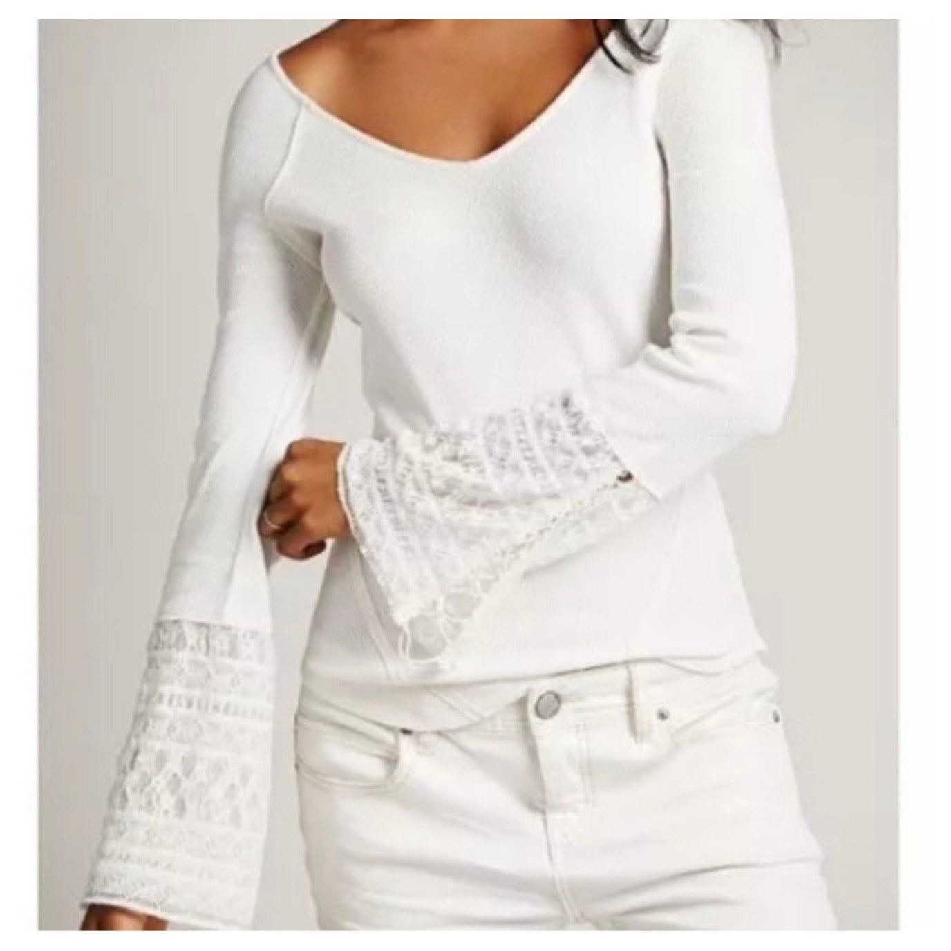 Free People Juliet Ivory Lace Cuff With Lace- Up Detail Thermal Top Medium