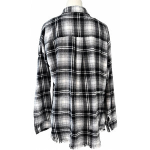 Hem & Thread Black White Plaid Raw Hem Button Front Shacket Shirt Jacket Large NWOT