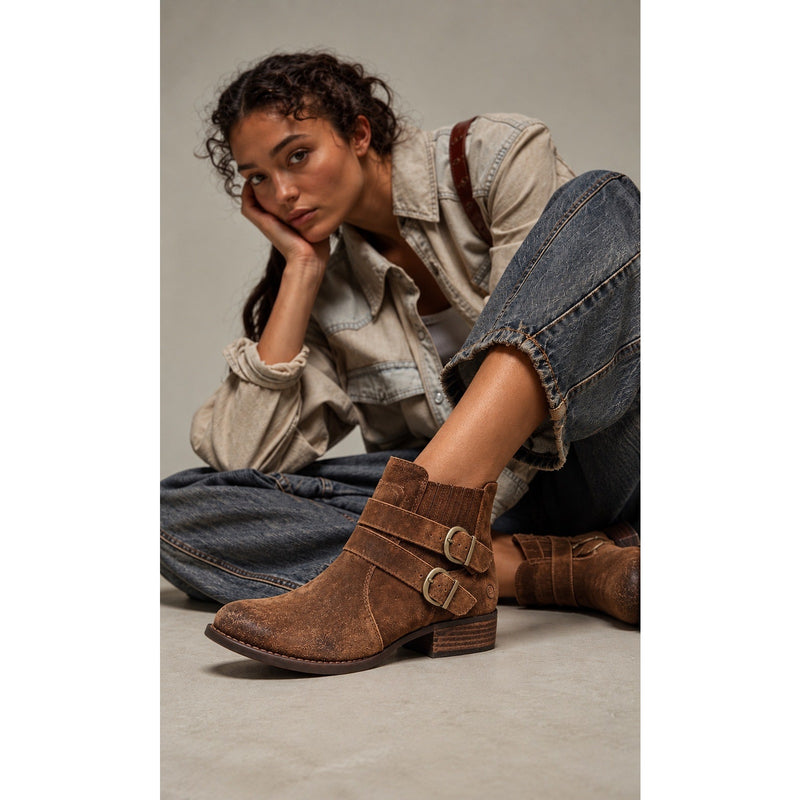 BORN Brown Suede Double Buckle Ankle Boots Size 7.5 Distressed Western Boho
