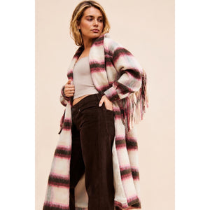 Free People M/L Pressley Fringe Plaid Blanket Duster Coat Pink