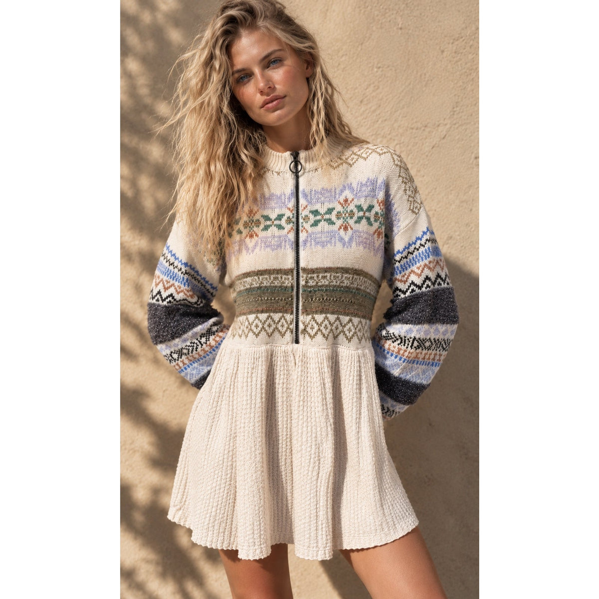Free People Medium Cozy Cottage Metallic Sparkle Knit Zipper Sweater Tunic Dress