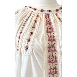 Free People Large Sequin Drawstring Embroidered Mesh Boho Blouse Top - Ivory / Pink Multi