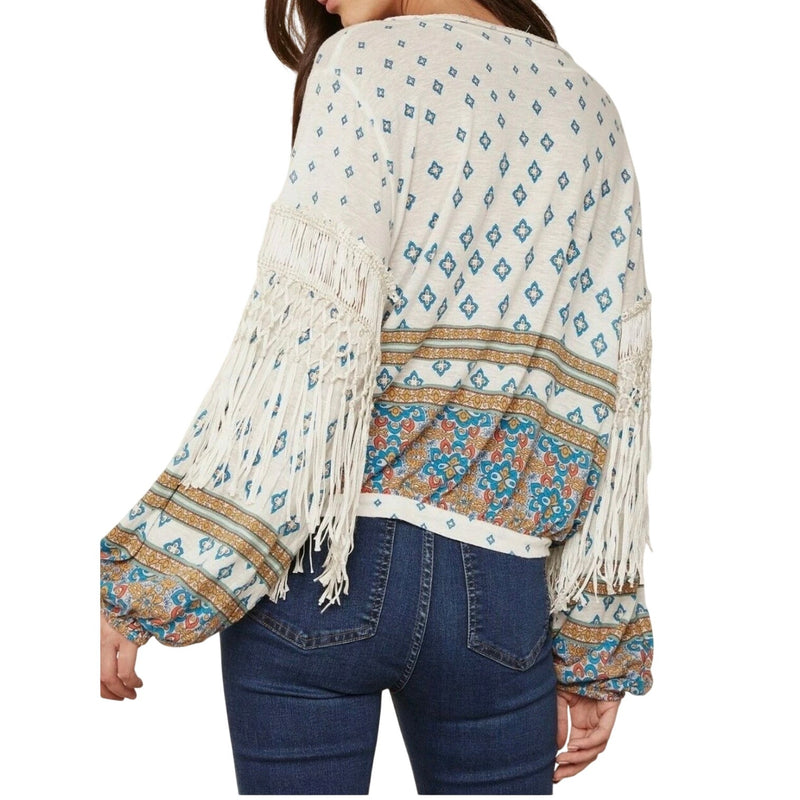 Free People Macra-Maze Me Ivory Fringe Top Medium $128 New With Tags
