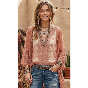 Vintage Free People Susie Sheer Lace Poncho Dusty Rose Top OS