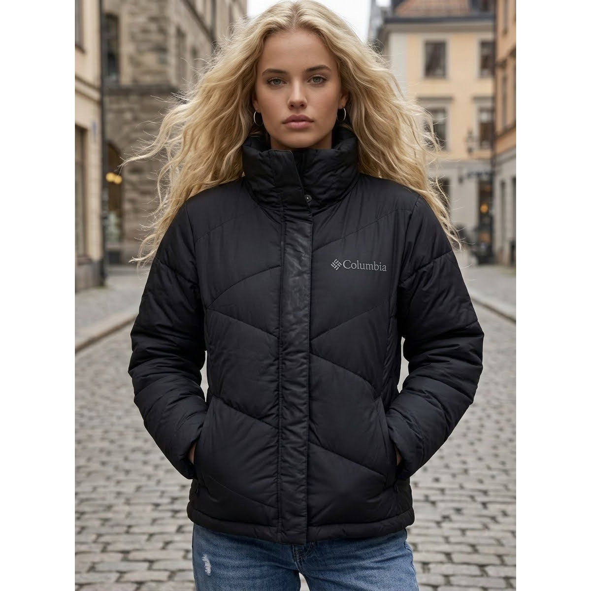 Columbia Sportswear Womens Black Insulated Puffer Jacket High Collar Large Like New
