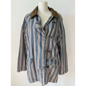 We The Free Free People Large Wagner Stripe Denim Barn Coat Jacket (Fits XL)