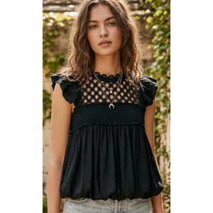 Free People FP One Brittany Black Lace Smock Top Large NWOT