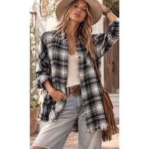 Hem & Thread Black White Plaid Raw Hem Button Front Shacket Shirt Jacket Large NWOT