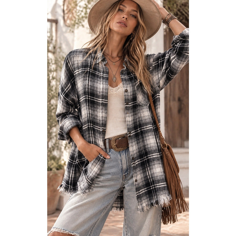 Hem & Thread Black White Plaid Raw Hem Button Front Shacket Shirt Jacket Large NWOT