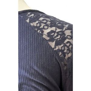 Free People Large Come On Over Ribbed Lace Henley Top Navy Blue Shirt