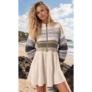 Free People Medium Cozy Cottage Metallic Sparkle Knit Zipper Sweater Tunic Dress
