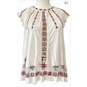 Free People Large Sequin Drawstring Embroidered Mesh Boho Blouse Top - Ivory / Pink Multi