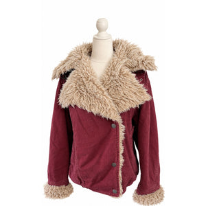 Free People Large Owen Sherpa Denim Jacket in Wine Red Burgundy