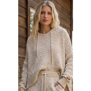 POL Clothing Cream Popcorn Knit Oversized Hoodie Top Large