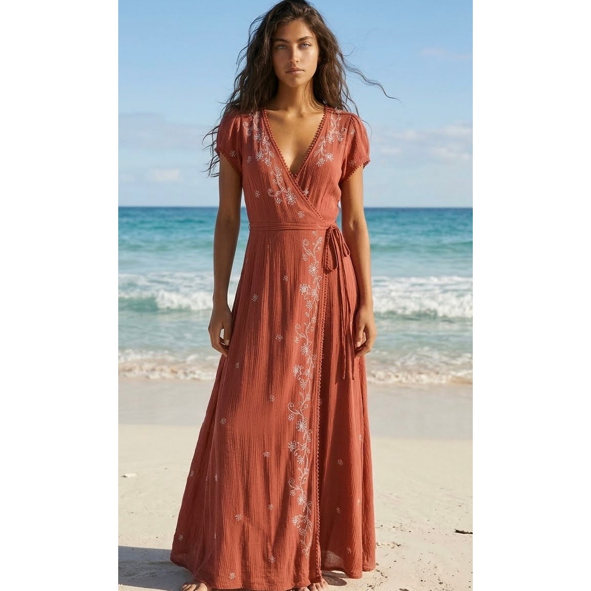 Free People Small Mia Embroidered Maxi Dress Coral Boho Festival NWT