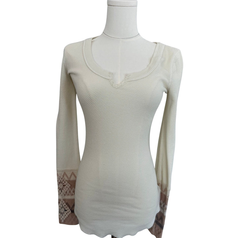 Free People Ivory/Cream Kombucha Crochet Cuff Thermal Knit Top