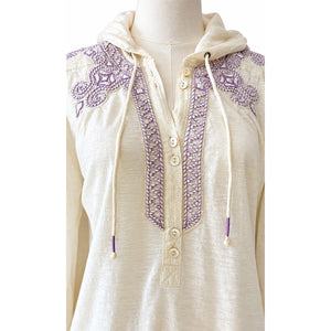 Free People Ivory Purple Small Embroidered Hooded Tunic Top Boho NWOT
