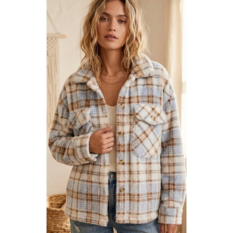 Cozy Cottagecore Blue Plaid Teddy Faux-Fur Jacket Size Large